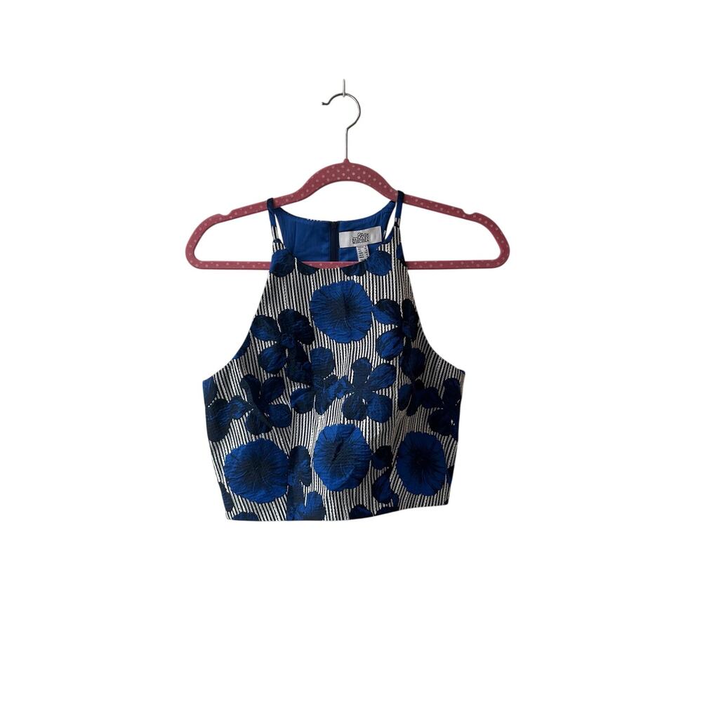NWT Belle Badgley Mischka Blue Floral Striped Crop Top Size 4
